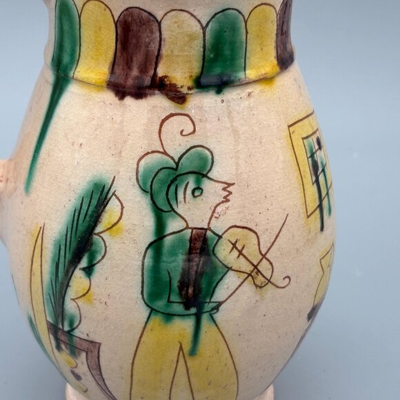 Vintage Fayence Henkelkrug Style Pitcher with Hand-Painted Folk Art 1900s Style - Picture 2 of 8